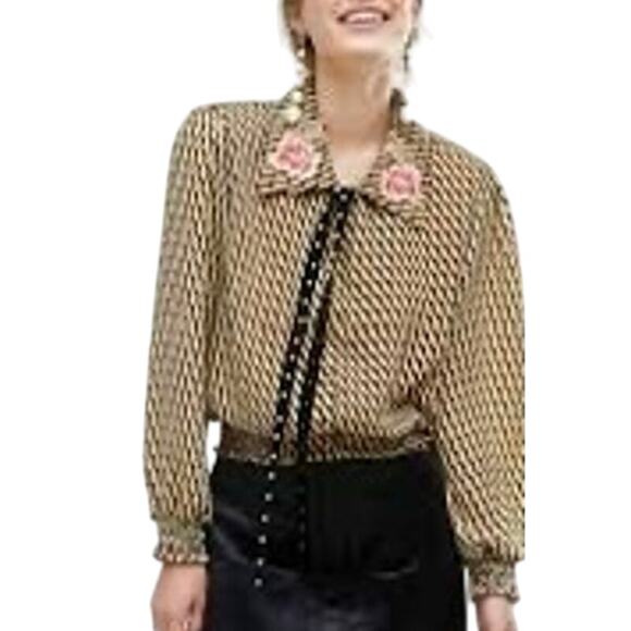 Sister Jane Vintage Embroidered Pearl Tie Geometric Blouse Smocked Long Sleeve L - Picture 1 of 15